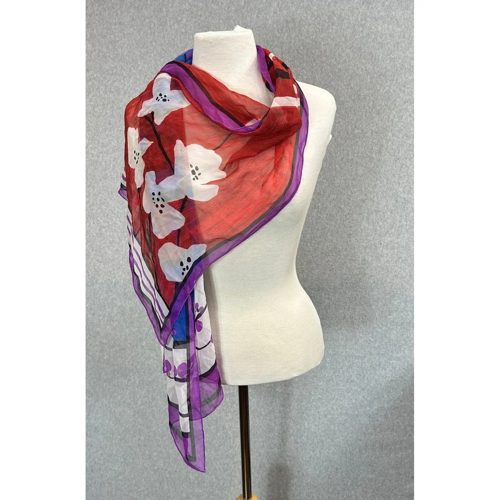 Coveri Collection Sheer Scarf Red‎ Purple Cherry Blossom Floral Stripe 100% Silk